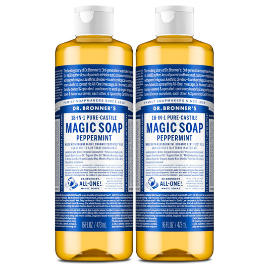 Dr. Bronner's Magic Soap-Pure-Castile Liquid Soap (Peppermint, 16 ounce, 2-Pack)-Regenerative Organic Certified Oils, 18-in-1 Uses: Body, Hair Beauty & Personal Care Dr. Bronner's