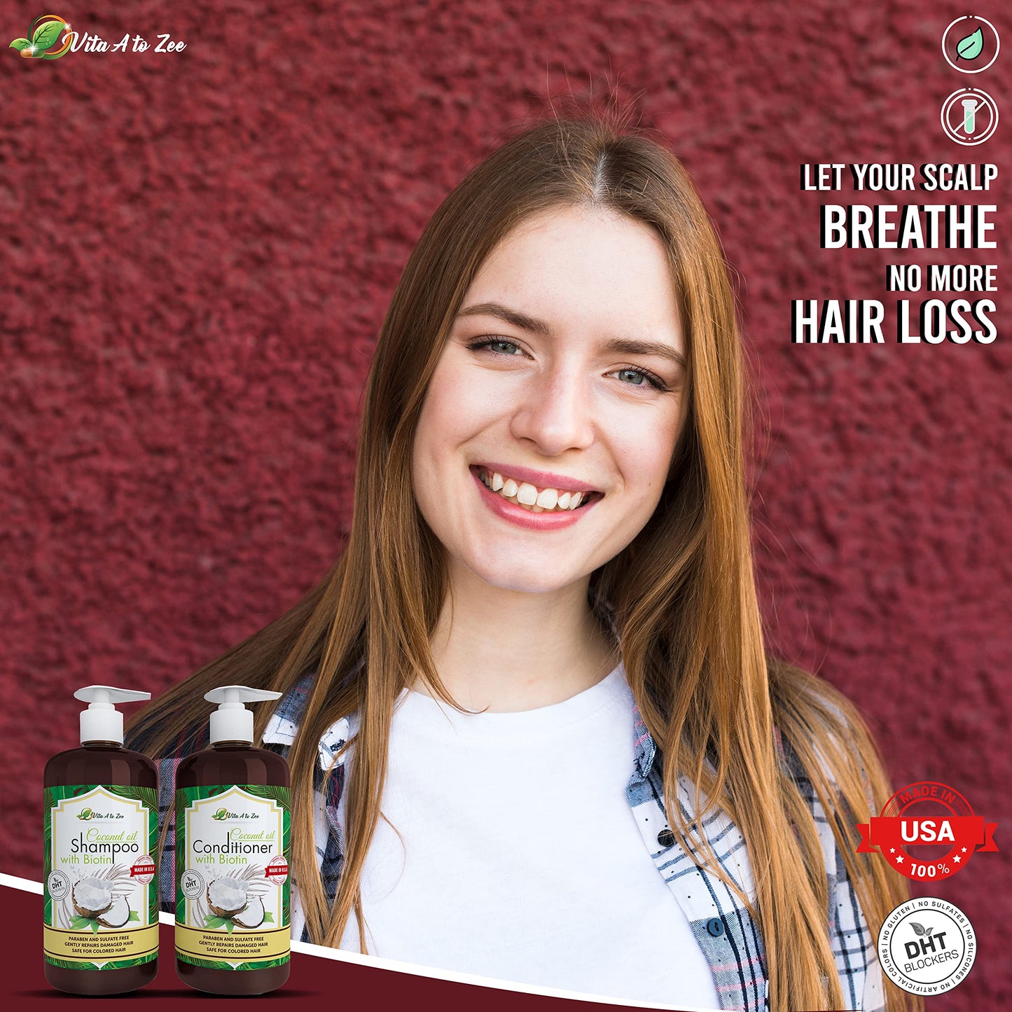 Vita A to Zee Coconut Oil Shampoo & Conditioner with Biotin, Aloe Vera (2 x 16.9 Fl Oz) - Hair Regrowth Shampoo Conditioner for Dry, Frizzy & Coarse Beauty & Personal Care Vita A to Zee