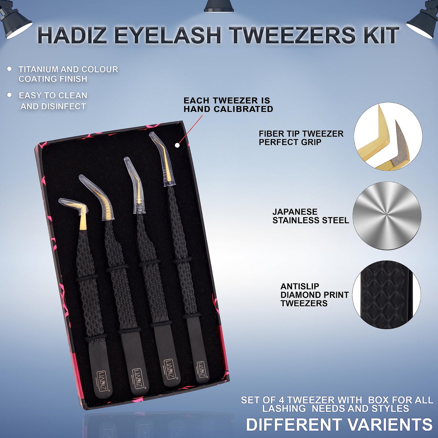 HADIZ Set of 4 Fiber Tip Diamond Grip Eyelash Extensions Tweezers Japanese Stainless Steel Lash Tweezer(Black) Beauty and Personal Care HADIZ