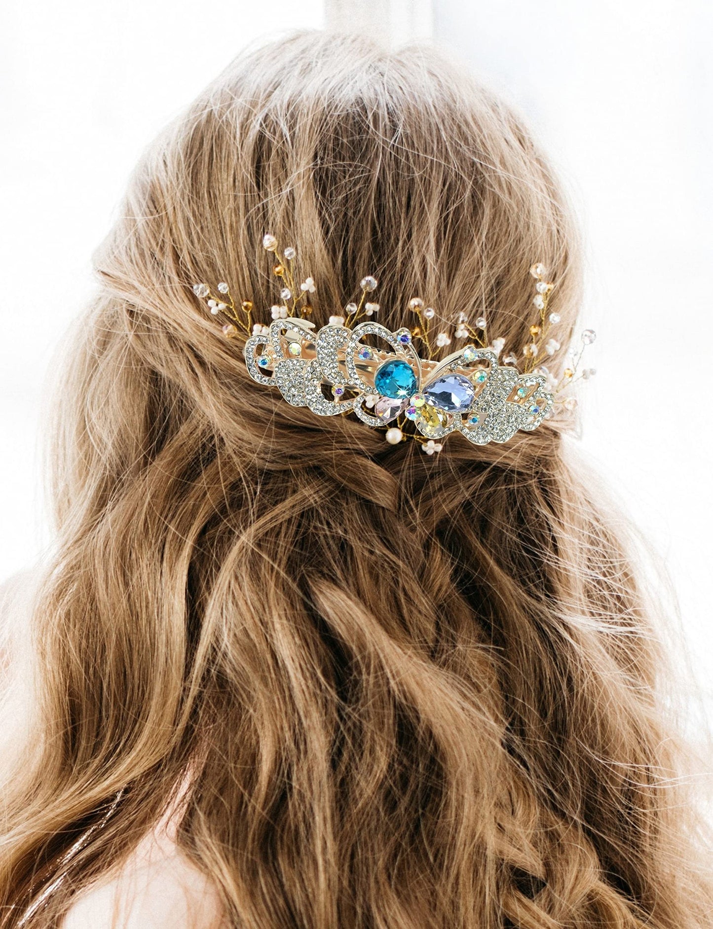 Butterfly Hair Barrettes - Jeweled Clips - Roses - Gold Metal with Rhinestones - Multi-Colored Jewels - 3.5" x 1.25" - Set of 2 Beauty & Personal Care BANBERRY DESIGNS