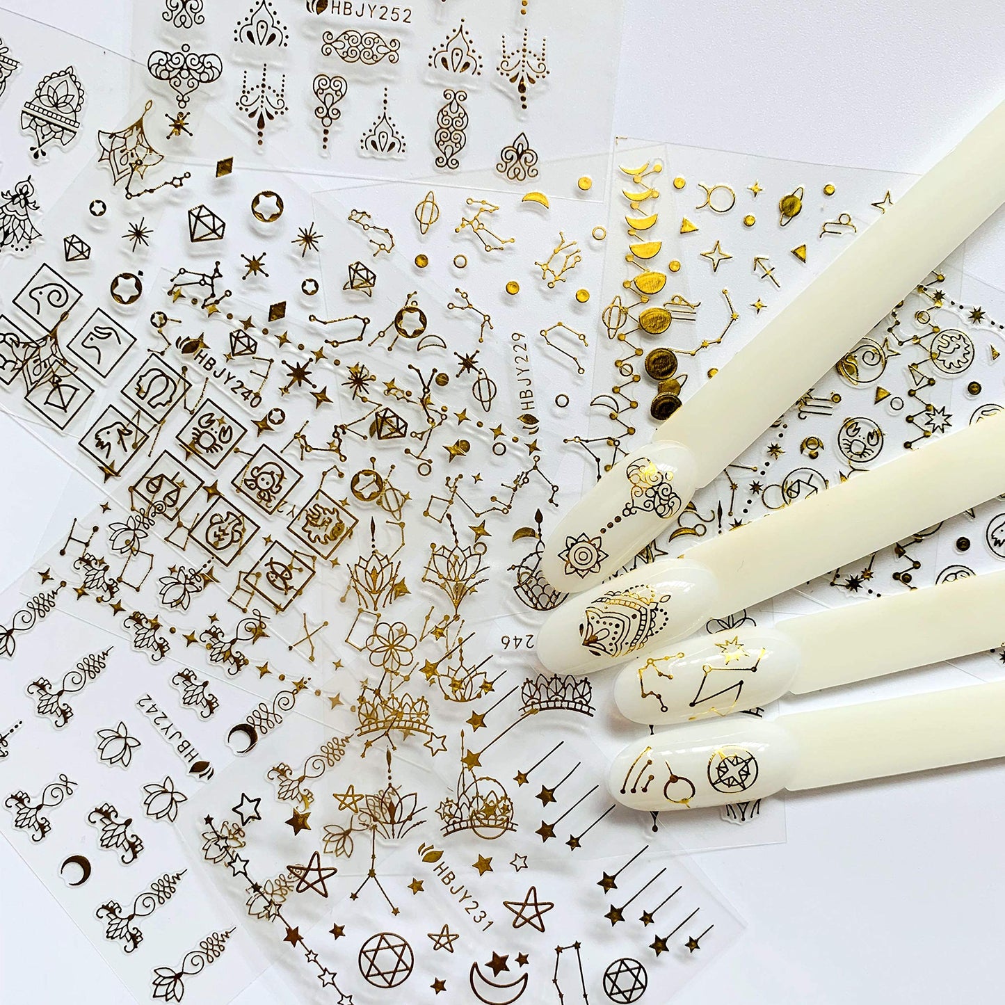 NAIL ANGEL 24 Sheets Nail Art Adhesive Gold Color Sticker Sheets Moon Star Universal Flower Shapes Sticker Sheets Nail Art Deco 10057 Beauty & Personal Care NAIL ANGEL