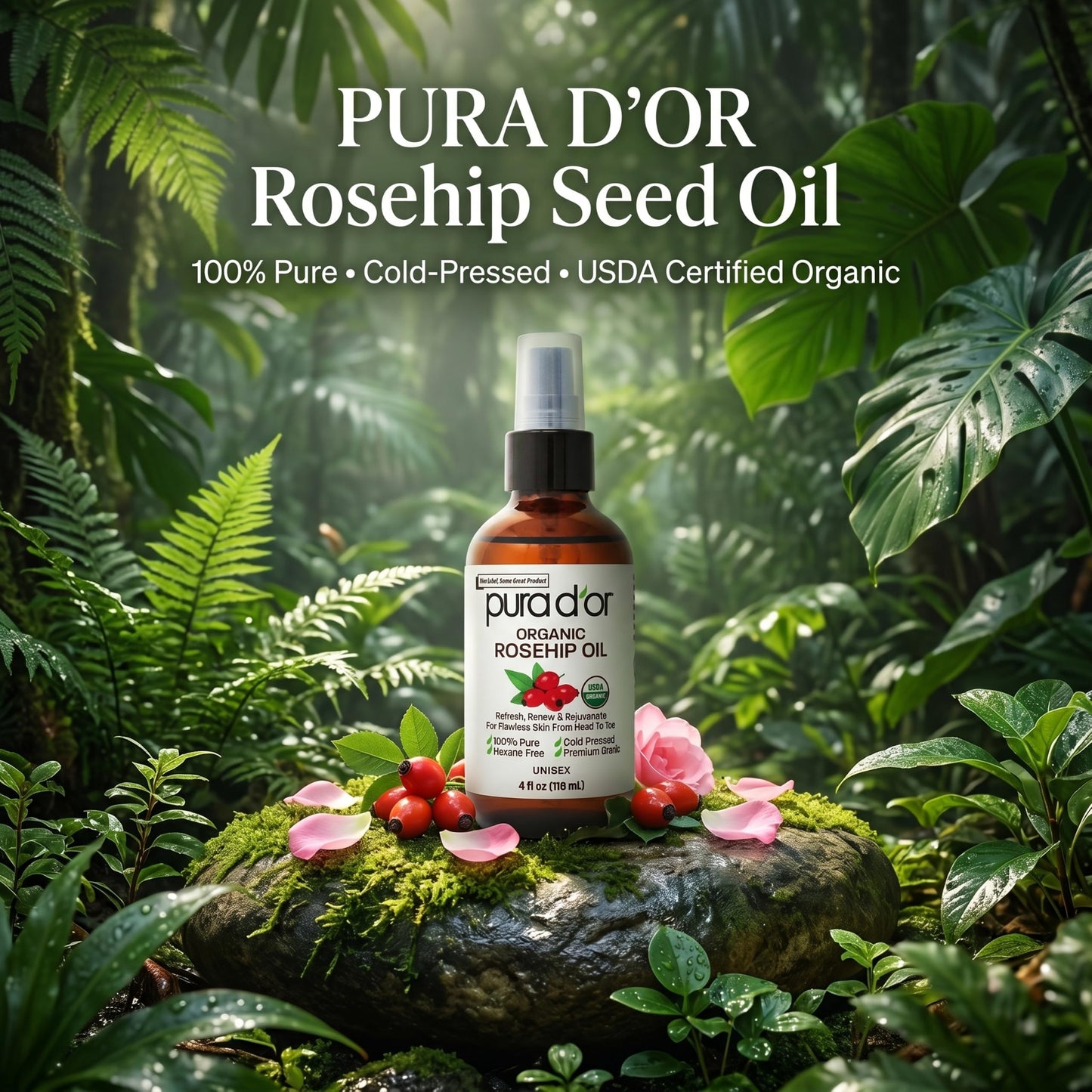 PURA D'OR ORGANIC Rosehip Seed Oil 100% Pure Cold Pressed USDA Certified For Hair, Skin, Scalp, Anti Aging Face & Body - Hexane Free Glass Bottle - 4 Beauty and Personal Care PURA D'OR