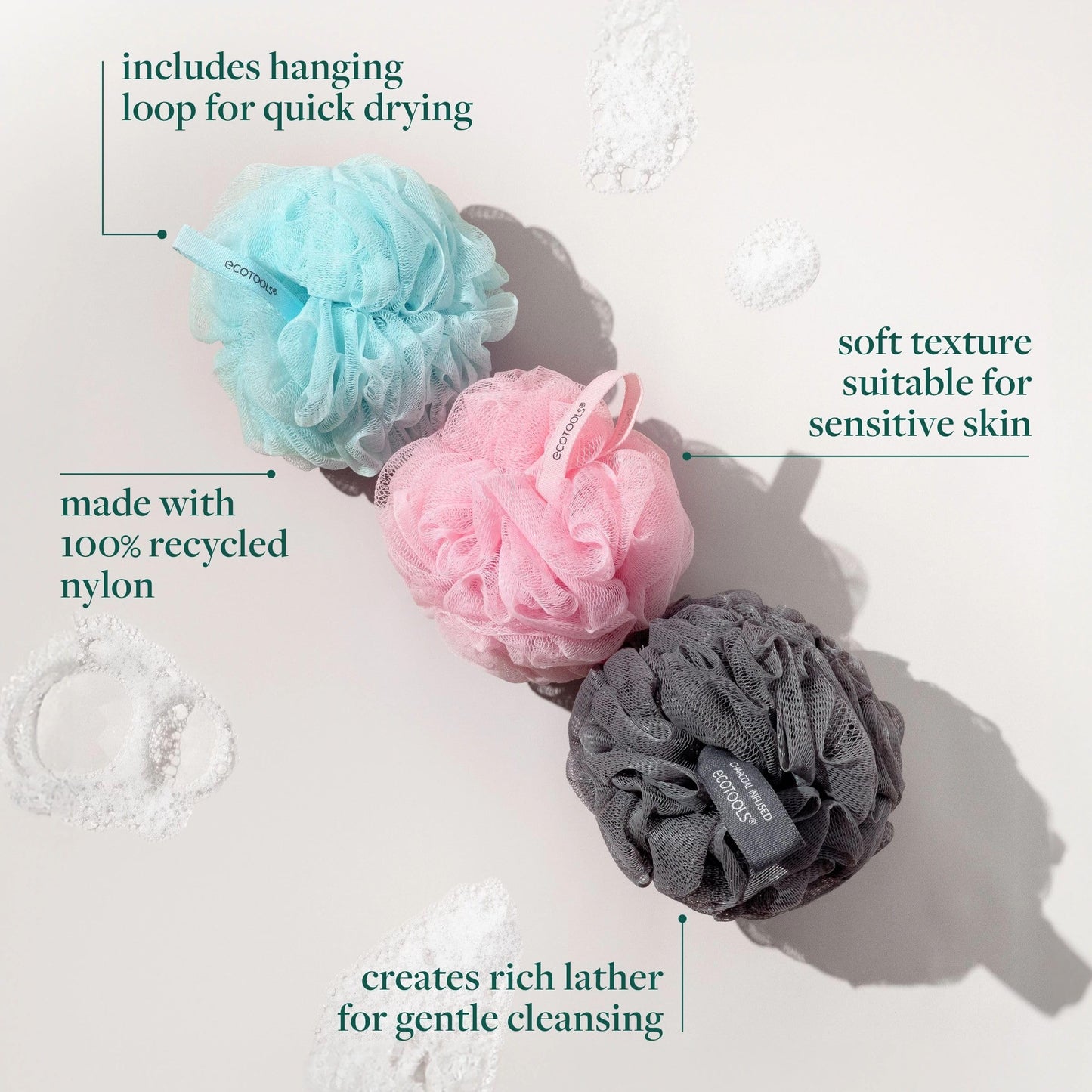 EcoTools EcoPouf 3 Pack Bath Sponge Set, Soft Recycled Netting Shower Poufs for Gentle Exfoliating & Daily Body Cleansing, Rich Lather Loofah Sponges Beauty and Personal Care EcoTools