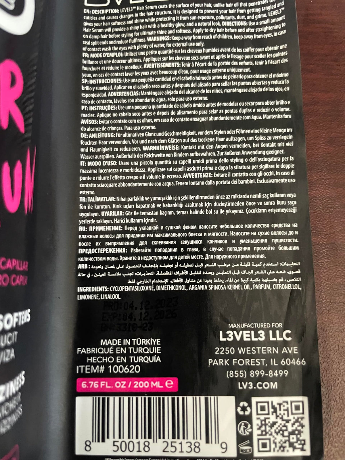 L3 Level 3 Hair Serum - Repairs Damaged Hair - Softens and Smooths - Reduces Frizziness (6.8 oz)