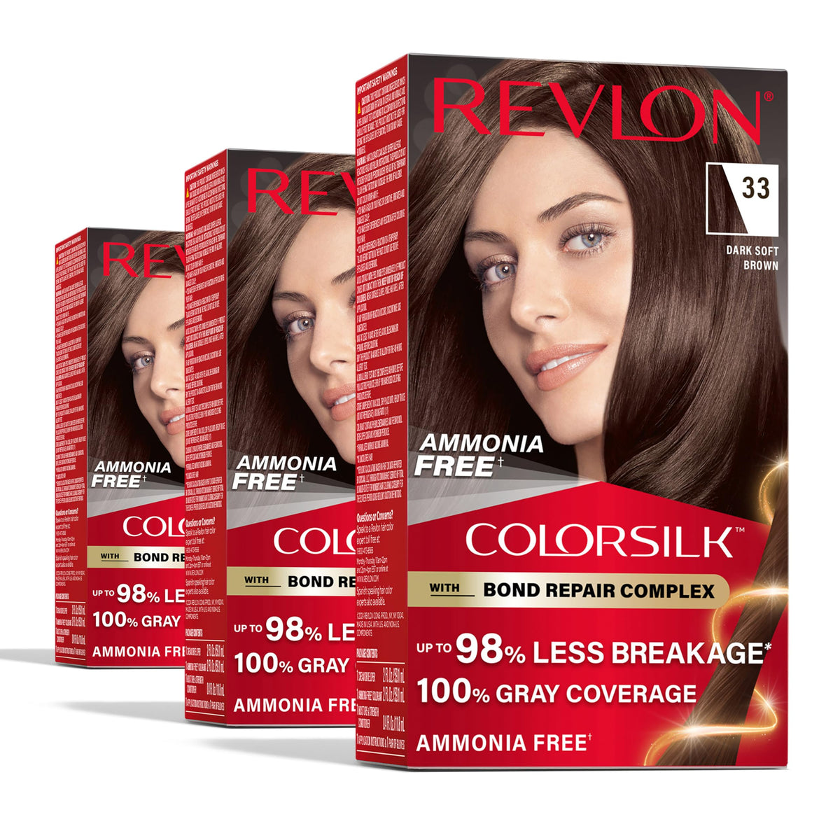 Revlon ColorSilk with Bond Repair Complex, Brown Permanent Hair Color, 100% Gray Coverage, Ammonia Free Hair Dye, Vegan Keratin, 33 Dark Soft Brown Beauty & Personal Care REVLON