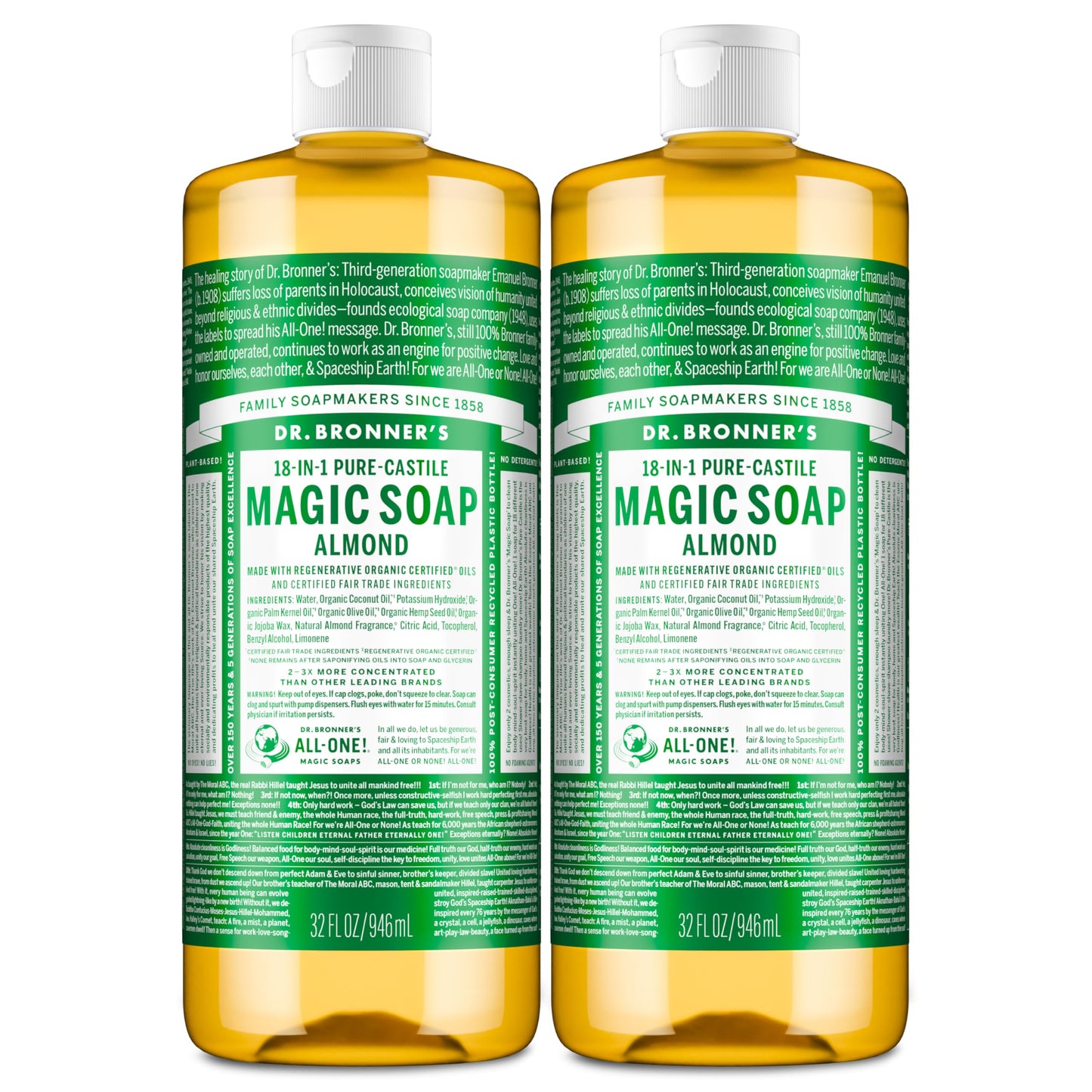 Dr. Bronner's Pure-Castile Magic Liquid Soap (Almond, 32 Ounce, 2-Pack)- Made with Regenerative Organic Certified Oils, 18-in1 Uses: Face, Hair, Hand Beauty & Personal Care Dr. Bronner's