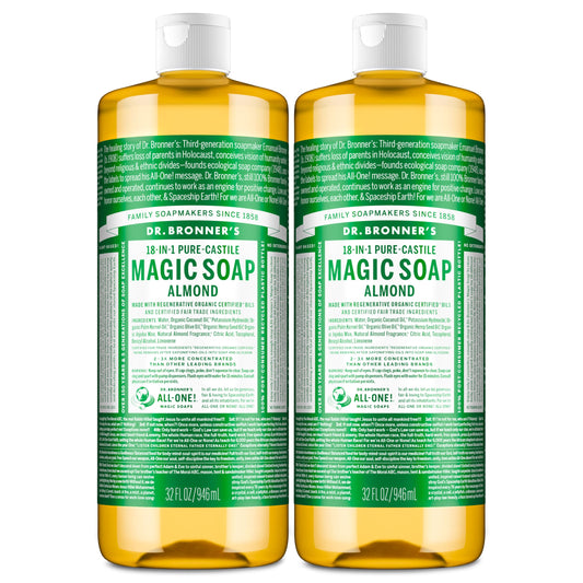 Dr. Bronner's Pure-Castile Magic Liquid Soap (Almond, 32 Ounce, 2-Pack)- Made with Regenerative Organic Certified Oils, 18-in1 Uses: Face, Hair, Hand Beauty & Personal Care Dr. Bronner's