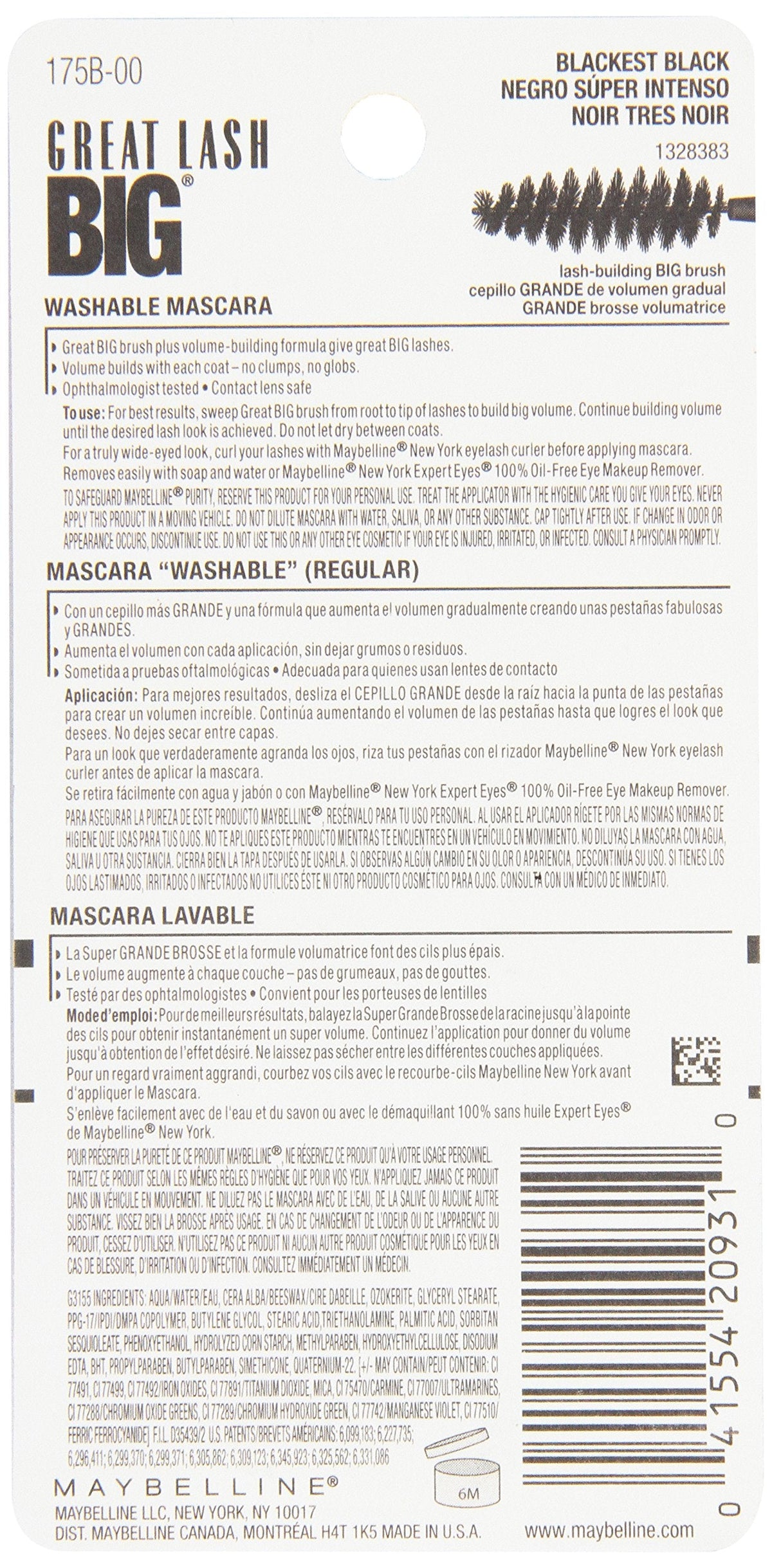 Maybelline New York Great Lash Big Washable Mascara, Blackest Black 130, 0.34 Fluid Ounce Beauty & Personal Care MAYBELLINE