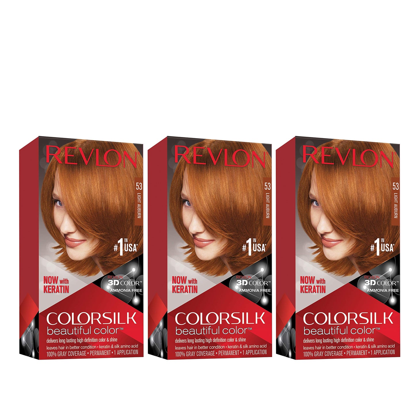 Revlon Colorsilk Beautiful Color, Permanent Hair Dye with Keratin, 100% Gray Coverage, Ammonia Free, 51 Light Auburn (Pack of 3) Beauty & Personal Care REVLON