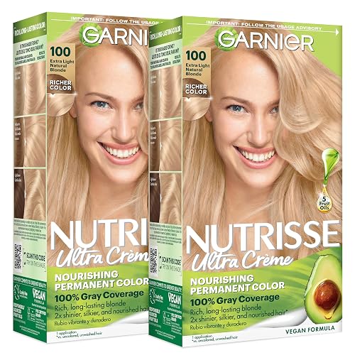 Garnier Nutrisse Ultra Crème Hair Color, Permanent Hair Dye with 100% Gray Coverage, Vegan & Cruelty-Free, 100 Extra-Light Natural Blonde (Chamomile) Beauty & Personal Care Garnier
