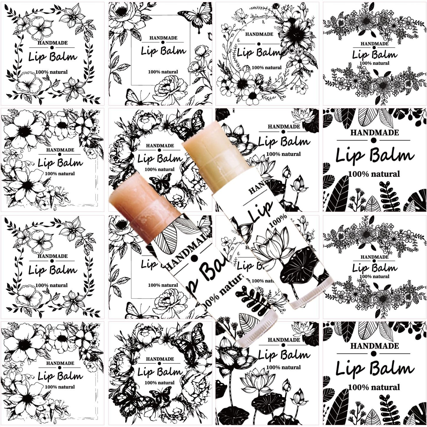 CRASPIRE 80Pcs 8 Styles Flower Lip Balm Stickers Self-Adhesive Retro Butterfly Leaves Plants Lotus Pattern Waterproof Handmade Labels Square Lipstick Beauty and Personal Care CRASPIRE