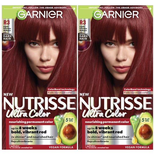 Garnier Hair Color Nutrisse Ultra Color Nourishing Creme, R3 Light Intense Auburn (Red Hibiscus) Permanent Hair Dye, 2 Count (Packaging May Vary) Beauty & Personal Care Garnier