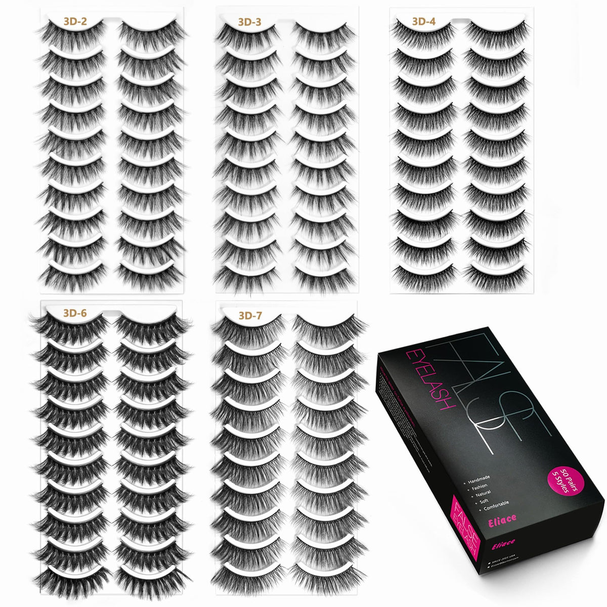 Eliace Eyelashes, (50 Pairs,5 Styles) Luxurious Faux Mink Lashes Natural Look Wispy Fluffy Handmade Cat Eye False Lash Pack, False Eyelashes Set, Fake Beauty & Personal Care Eliace