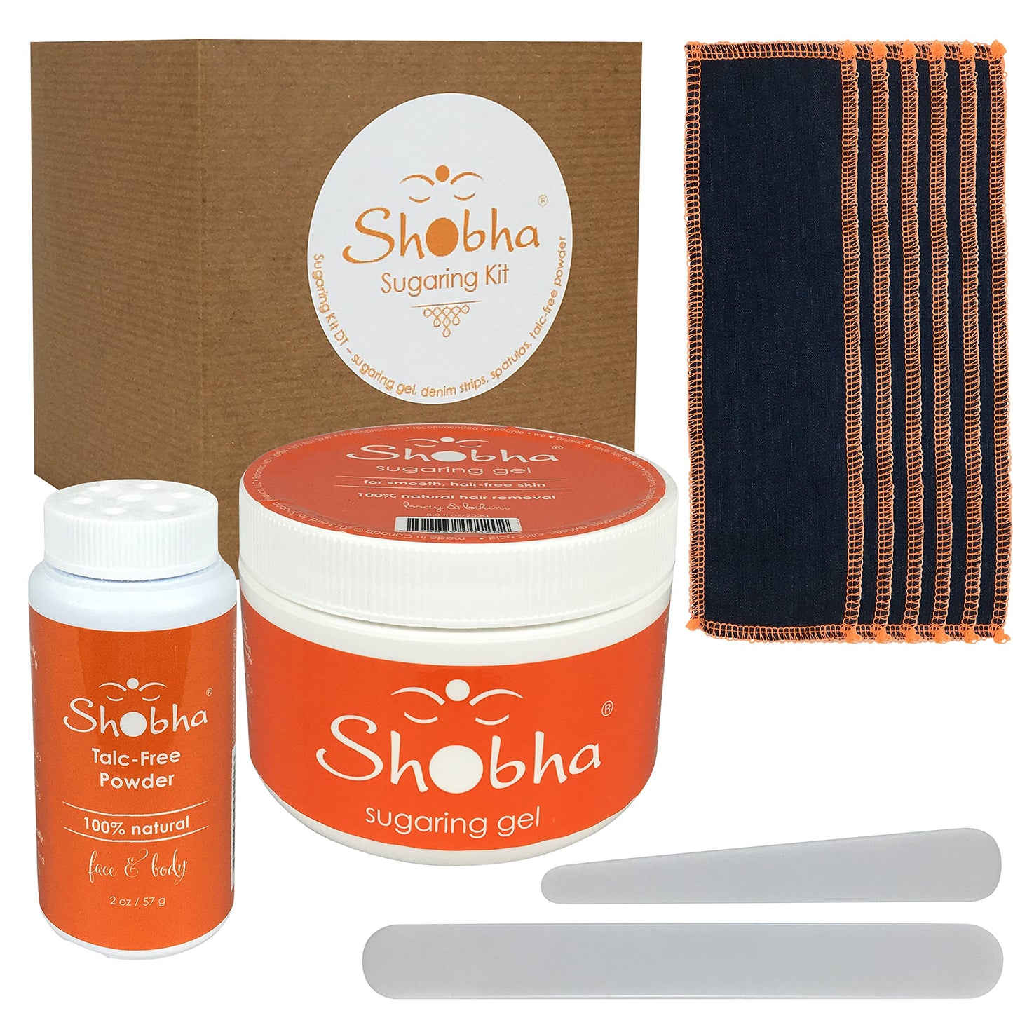 Shobha Sugaring Kit - Professional Salon Formula Hair Removal Kit - Sugaring Wax, Denim Strips, Pre-Waxing Powder & Plastic Reusable Spatulas - Gentle Beauty and Personal Care Shobha