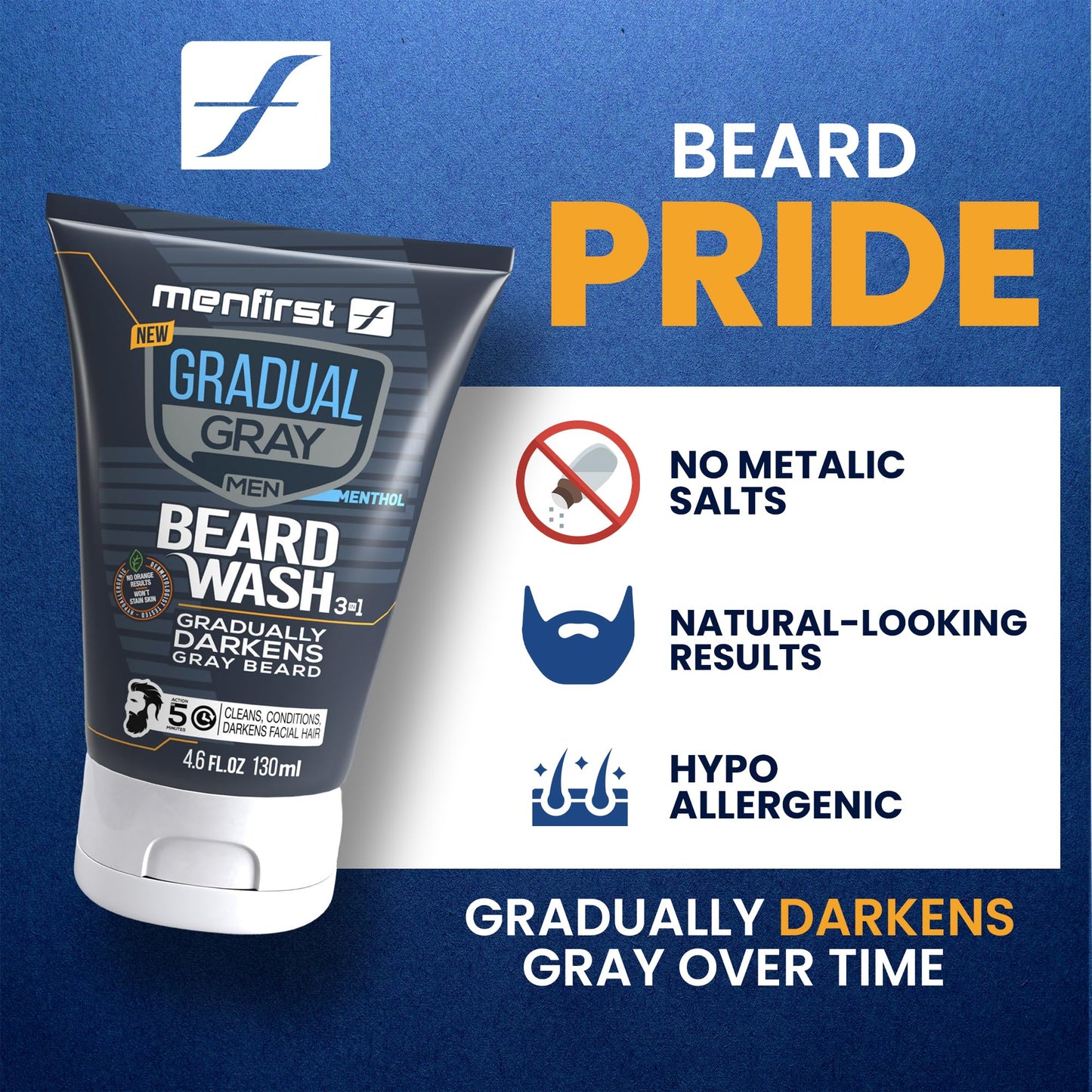 MENFIRST 3-in-1 Gradual Gray Beard Wash Shampoo for Men - Grey Reducing Beard Dye for Darker Shades - Hypoallergenic Harsh Chemical-Free Beard Beauty and Personal Care MENFIRST