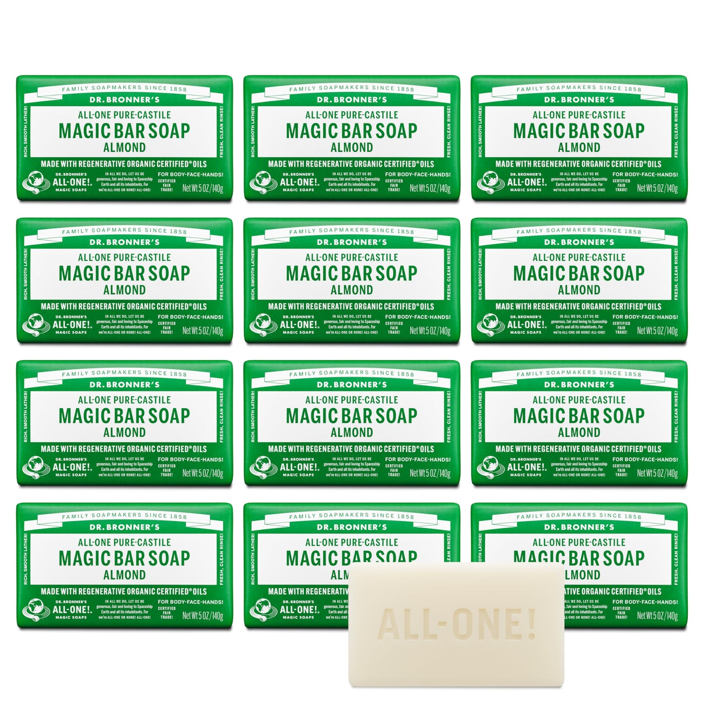 Dr. Bronner's Pure-Castile Magic Bar Soap (Almond, 5 ounce, 12-Pack)-Made with Regenerative Organic Certified Oils, For Face, Body, Hair, Gentle Beauty & Personal Care Dr. Bronner's