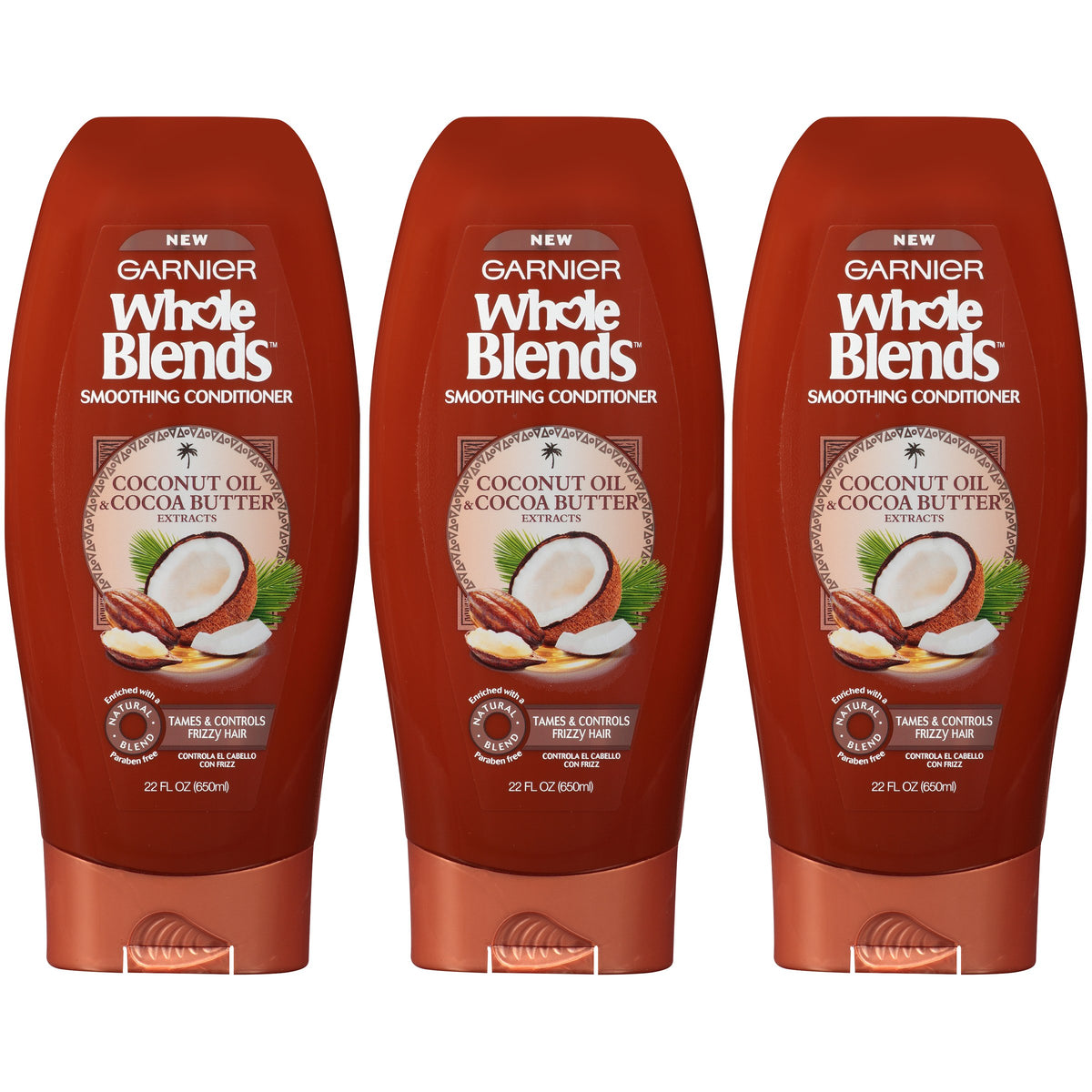 Garnier Hair Care Whole Blends Smoothing Conditioner with Coconut Oil & Cocoa Butter Extracts for Frizz, 3 Count