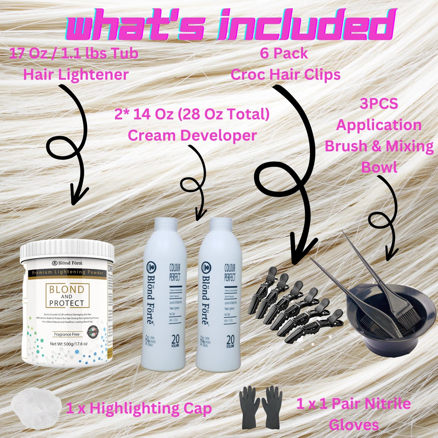 1 Lbs/17 Oz Tub Blond And Protect Premium Hair Lightener 8+ Levels + 13.5 Oz/400 ml Developer Volume & Hair Coloring Brush (Bundle - 5 items) (20 Beauty & Personal Care Blond Forte