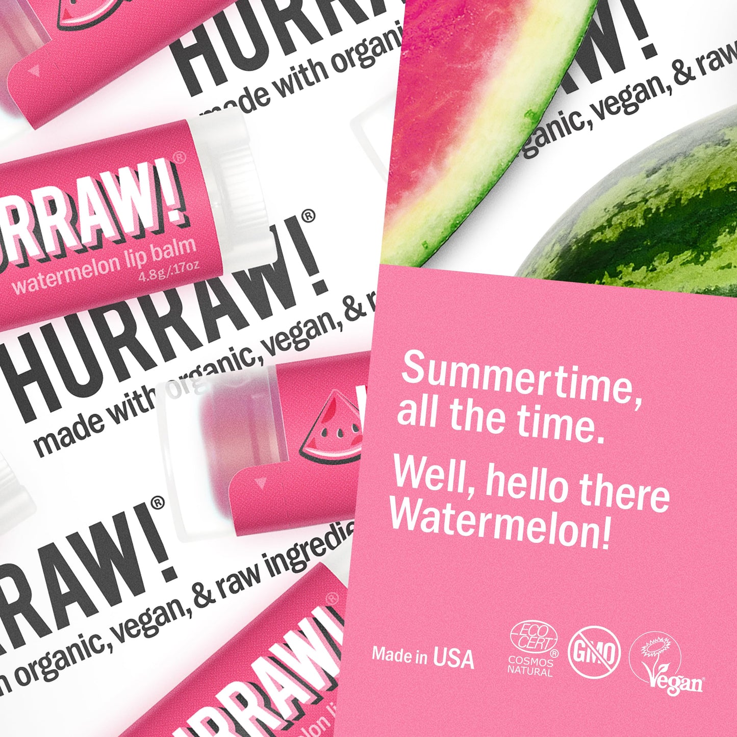Hurraw! Watermelon Lip Balm, 3 Pack: Organic, Certified Vegan, Cruelty and Gluten Free. Non-GMO, 100% Natural Ingredients. Bee, Shea, Soy and Palm Beauty and Personal Care HURRAW!