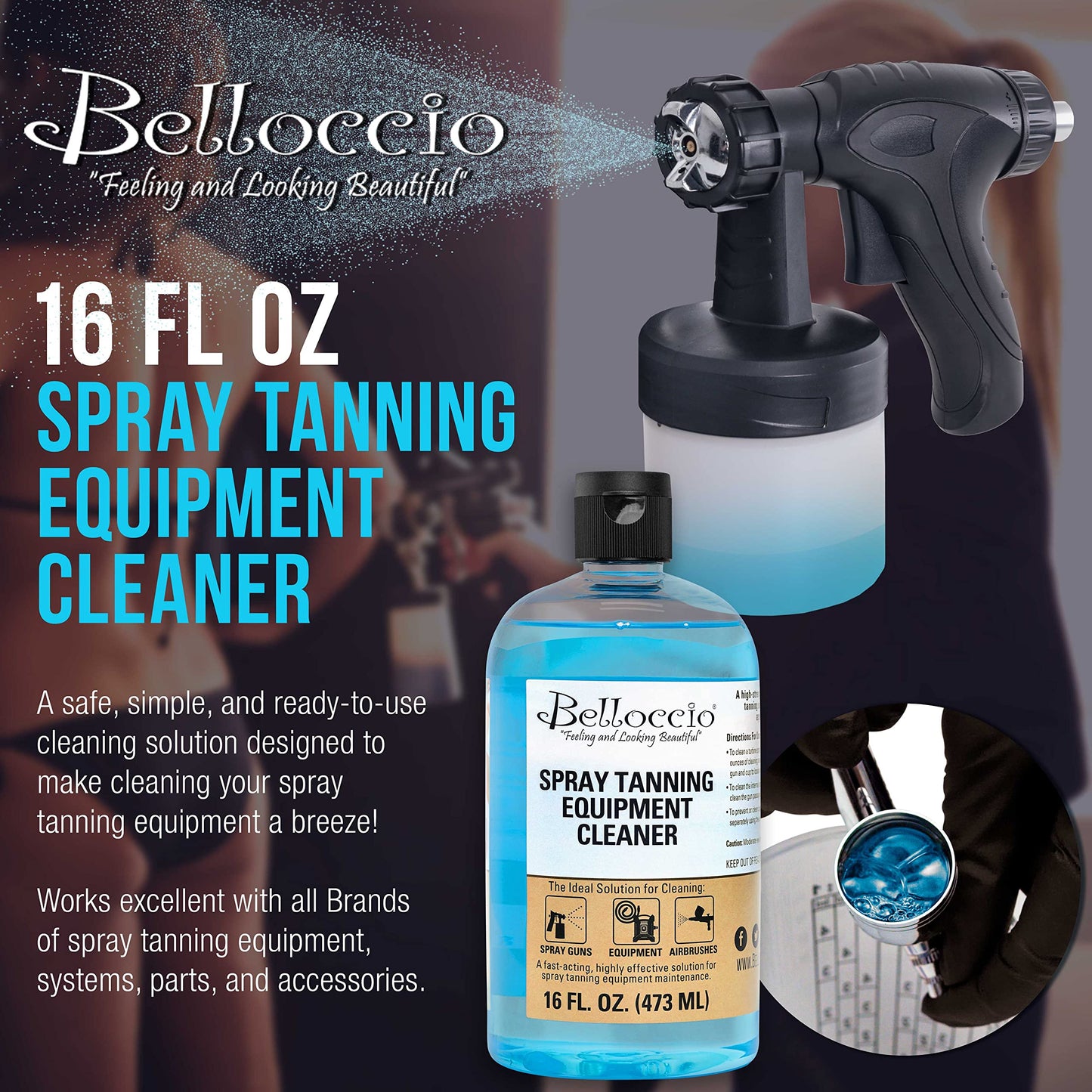 Belloccio Spray Tanning Equipment Cleaner, 16 Ounces - Fast Acting Cleaning Solution, Clean All Airbrush Spray Tanning Application Guns, Airbrushes Beauty & Personal Care Belloccio