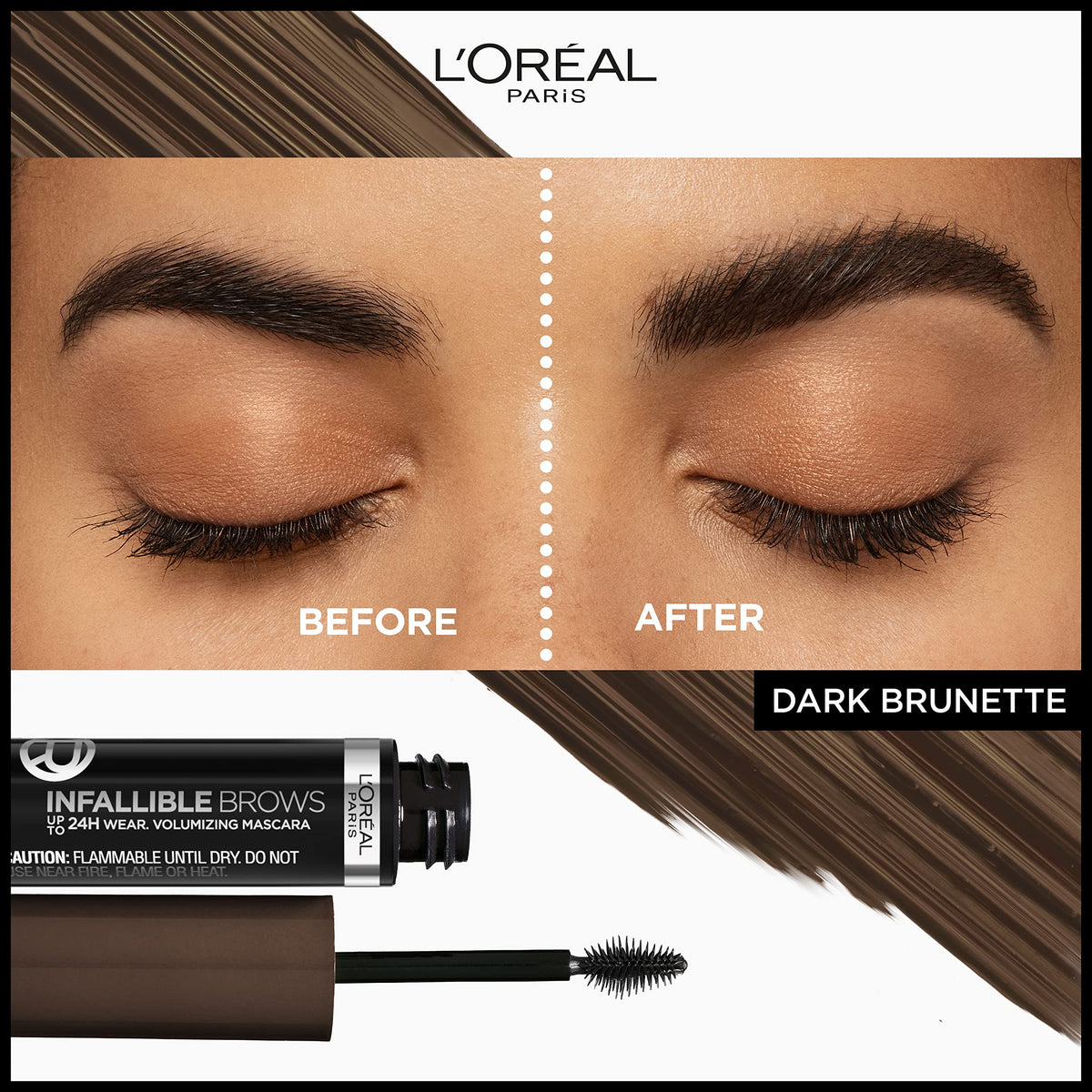 L'Oreal Paris Infallible Volumizing 24H Wear Brow Mascara, Long Lasting Eyebrow Makeup for 2X Fuller Eyebrows, 4.0 Dark Brunette, 0.13 Fl Oz