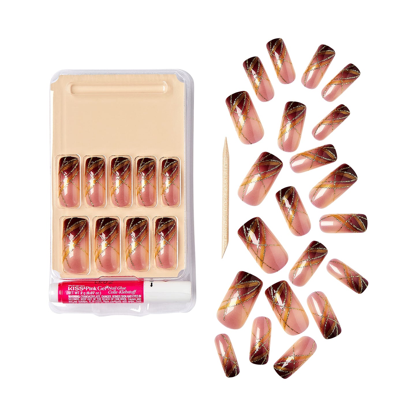 Gold Finger Gel Glam Press on Nail Dark Brown Glitter French Full Cover Luxurious Design, Square shape, Medium Length, MIni Glue Included GF64 Beauty & Personal Care KISS