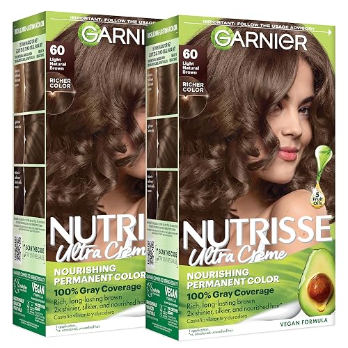 Garnier Nutrisse Ultra Crème Hair Color, Permanent Hair Dye with 100% Gray Coverage, Vegan & Cruelty-Free, 60 Light Natural Brown (Acorn), 2 Count Beauty & Personal Care Garnier