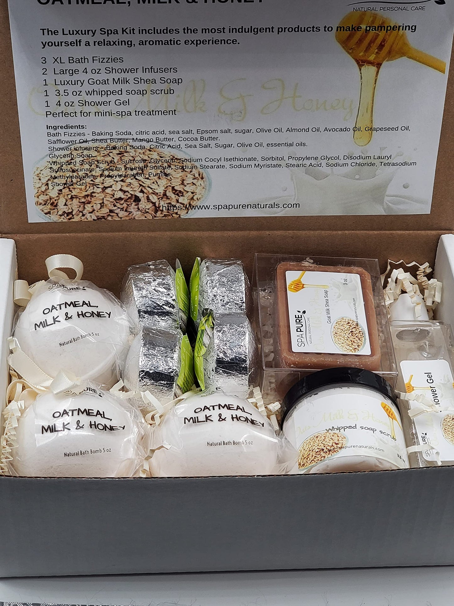 Spa Pure Luxury Spa Kit - 3 XL Bath Fizzies, 2 XL Shower Steamers, 3.5 oz Whipped Soap Scrub, Goat Milk Soap, Shower Gel (Oatmeal Milk & Honey) Beauty and Personal Care Spa Pure