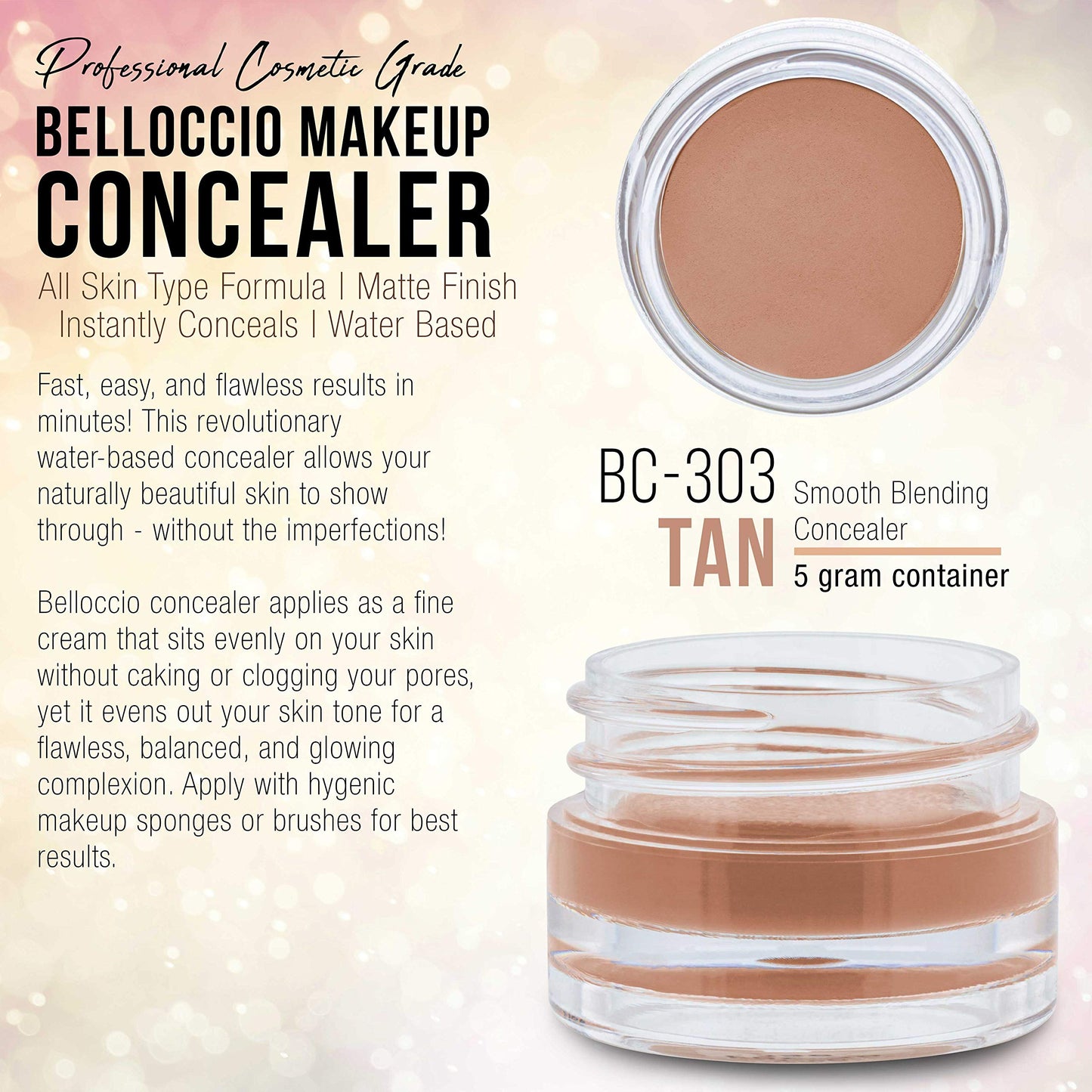 Belloccio High Definition Tan Shade Makeup Concealer 5 gram Jar - Conceal Imperfections, Hide Blemishes, Dark Under Eye Circles, Cosmetic Cream - Use Beauty & Personal Care Belloccio