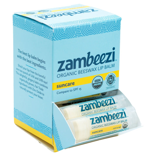 Case of Beeswax Lip Balm by ZAMBEEZI - Suncare 24-Tube Carton - Crafted with USDA Organic, Fair Trade, Lip Refreshing Ingredients from Zambia, Africa Beauty and Personal Care Zambeezi