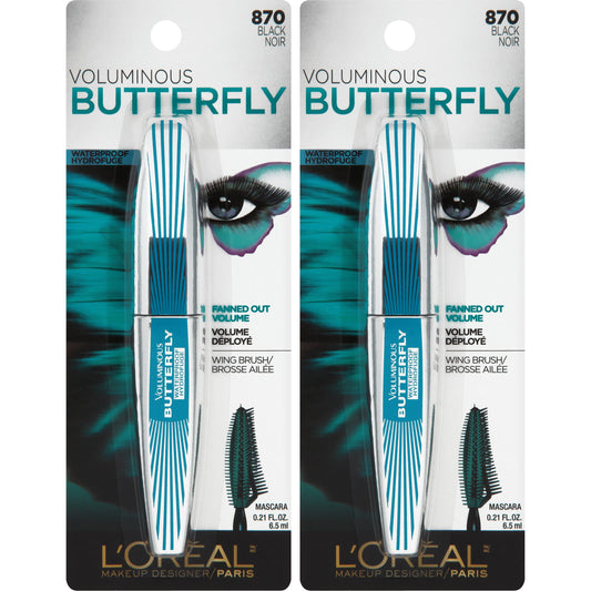 L'Oreal Paris Cosmetics Voluminous Butterfly Waterproof Mascara, Black, 2 Count
