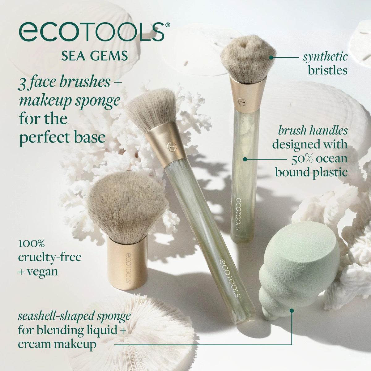 EcoTools Sea Gems Face Makeup Brush & Sponge 4-Piece Set