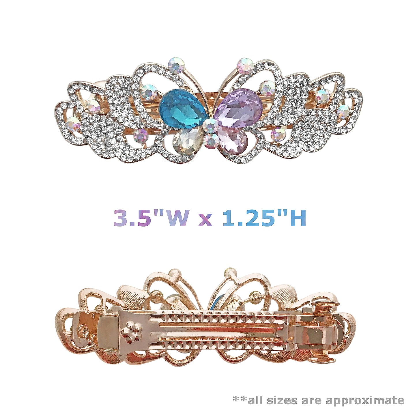 Rhinestone Crystal Barrettes - Set of 2 - Jeweled Butterfly Hair Clips - 1 with Blue Crystals and 1 with Mulit-Colored Crystals - Rose Gold Tone Metal Beauty & Personal Care BANBERRY DESIGNS