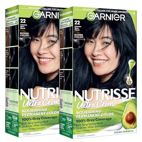 Garnier Nutrisse Ultra Crème Hair Color, Permanent Hair Dye with 100% Gray Coverage, Vegan & Cruelty-Free, 22 Intense Blue Black (Mulberry), 2 Count Beauty & Personal Care Garnier