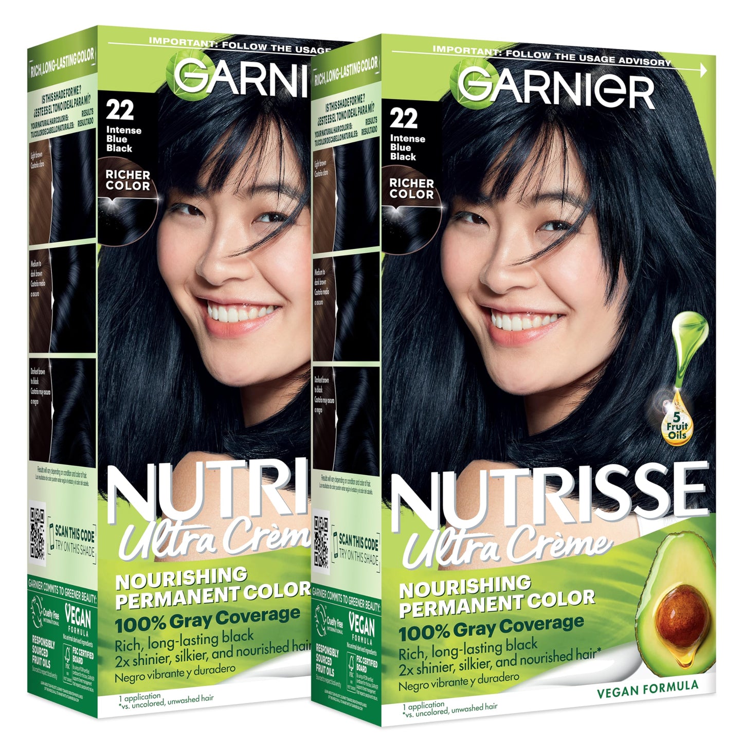 Garnier Nutrisse Ultra Crème Hair Color, Permanent Hair Dye with 100% Gray Coverage, Vegan & Cruelty-Free, 22 Intense Blue Black (Mulberry), 2 Count Beauty & Personal Care Garnier
