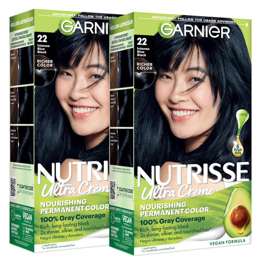 Garnier Nutrisse Ultra Crème Hair Color, Permanent Hair Dye with 100% Gray Coverage, Vegan & Cruelty-Free, 22 Intense Blue Black (Mulberry), 2 Count