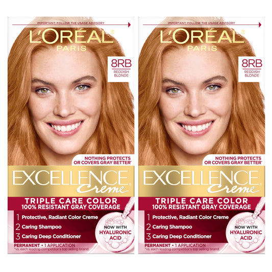 L'Oreal Paris Excellence Crème Permanent Hair Dye, Triple Care Hair Color with Hyaluronic Acid for 100% Gray Coverage, 8RB Reddish Blonde, 1 Kit (Pack