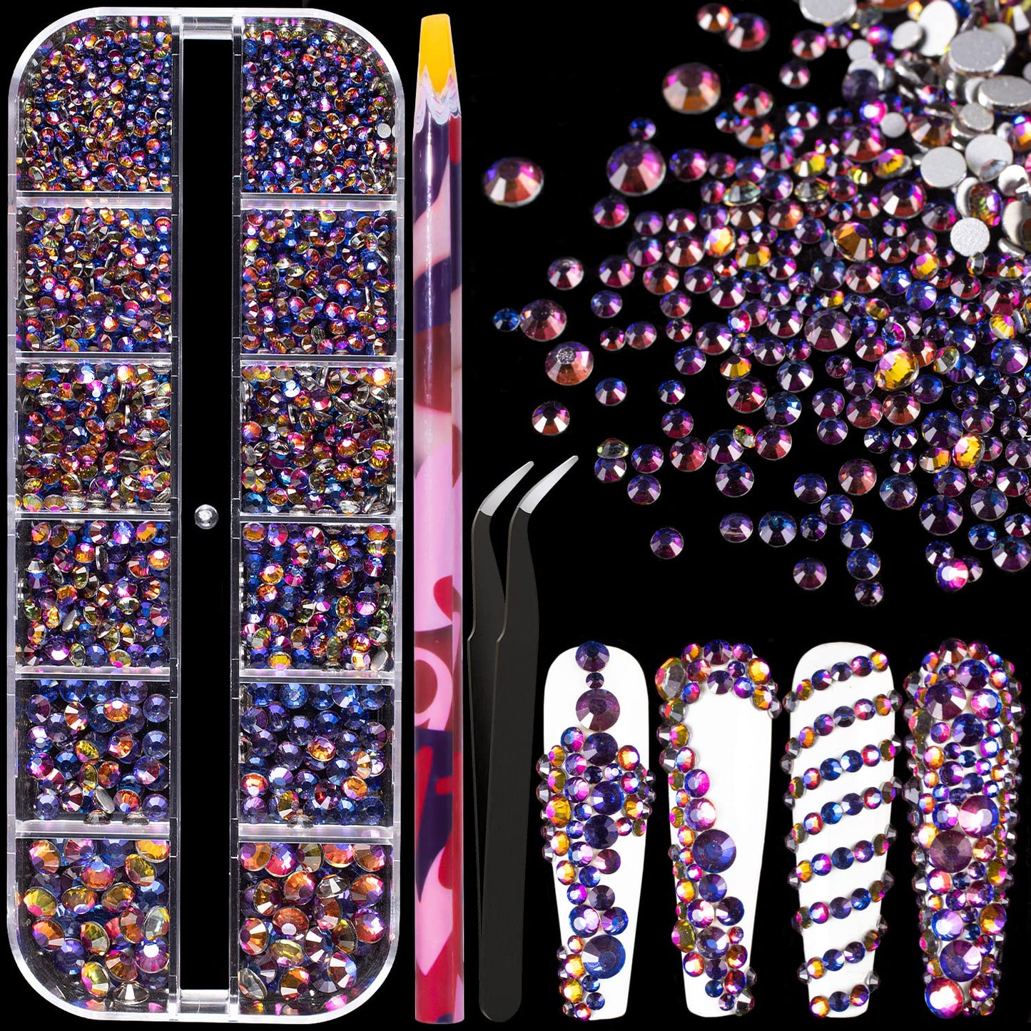 6 Sizes Iridescent Blue Glass Crystal Kit with Pickup Pen + Tweezer Tools for Shine Nail Art Manicure Makeup DIY Decoration Flatback Round Rhinestone Beauty & Personal Care BELLEBOOST
