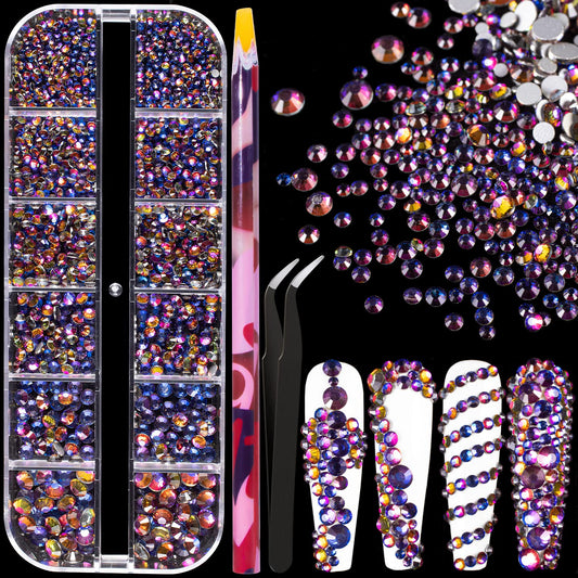6 Sizes Iridescent Blue Glass Crystal Kit with Pickup Pen + Tweezer Tools for Shine Nail Art Manicure Makeup DIY Decoration Flatback Round Rhinestone Beauty & Personal Care BELLEBOOST