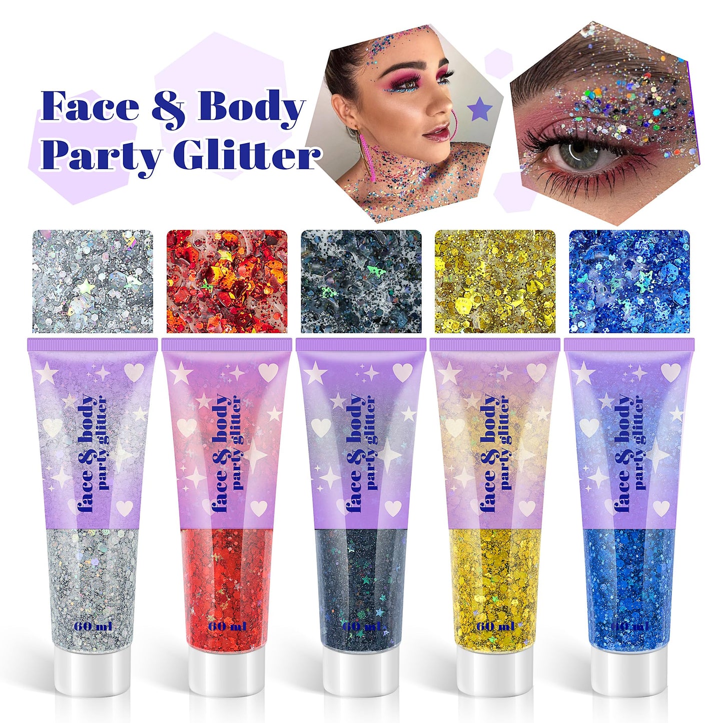 Body Glitter Gel, 2 Jars Face Glitter Gel Sequins Shimmer for Hair, Lip, Eyeshadow, Nails, Chunky and Powder Mixed Glitter Gel, Holographic Cosmetic Beauty & Personal Care Linwulte
