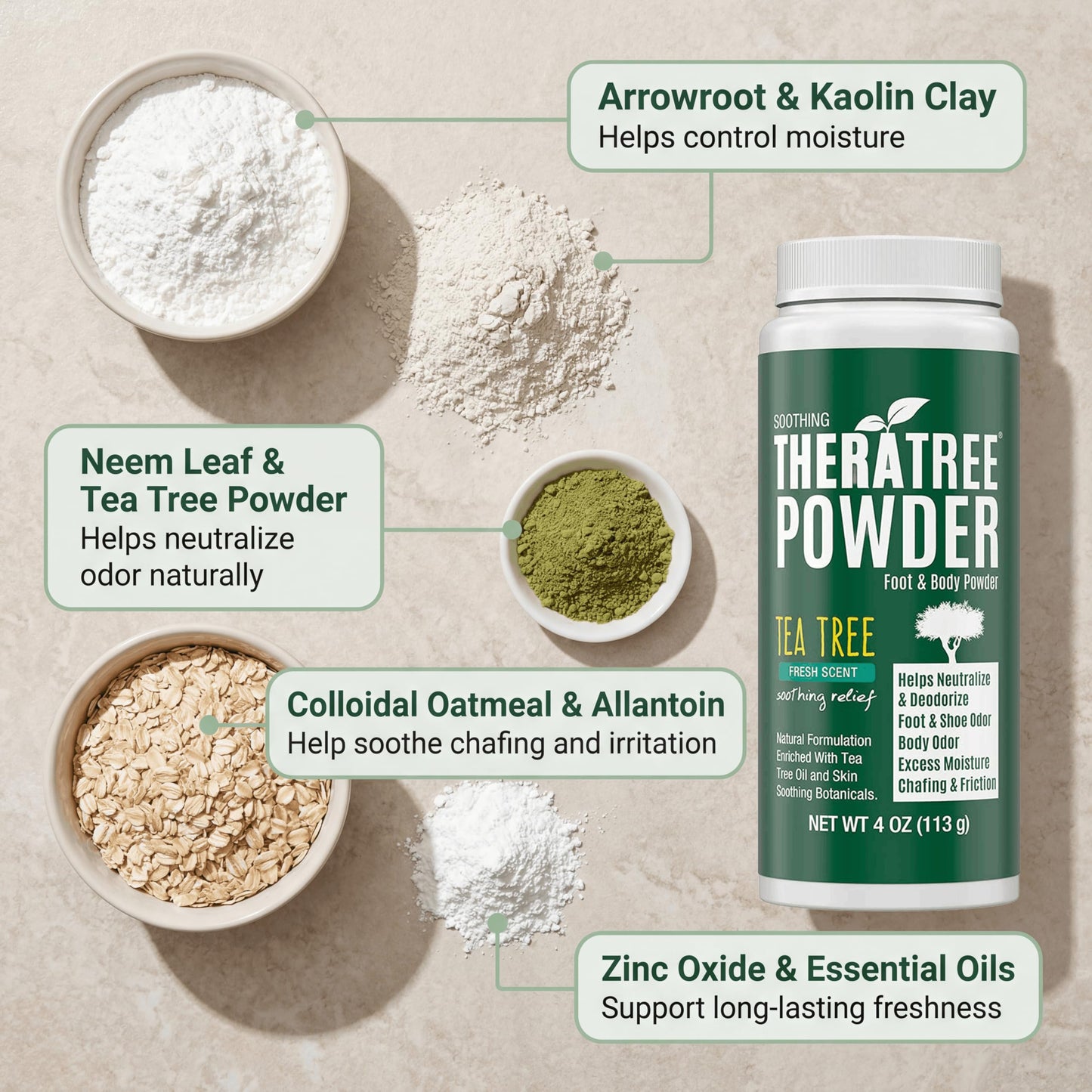 TheraTree Foot, Body and Shoe Powder with Tea Tree for Odor and Moisture Control with Organic and Natural Ingredients - Fresh Scent 4 oz Beauty & Personal Care Oleavine