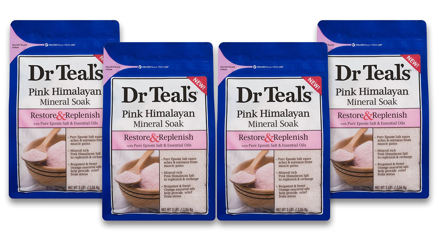 Dr Teal's Epsom Salt Soaking Solution, Restore & Replenish, Pink Himalayan Mineral Soak, 4 Count - 3lb Bags, 12lbs Total Beauty and Personal Care Dr Teal's