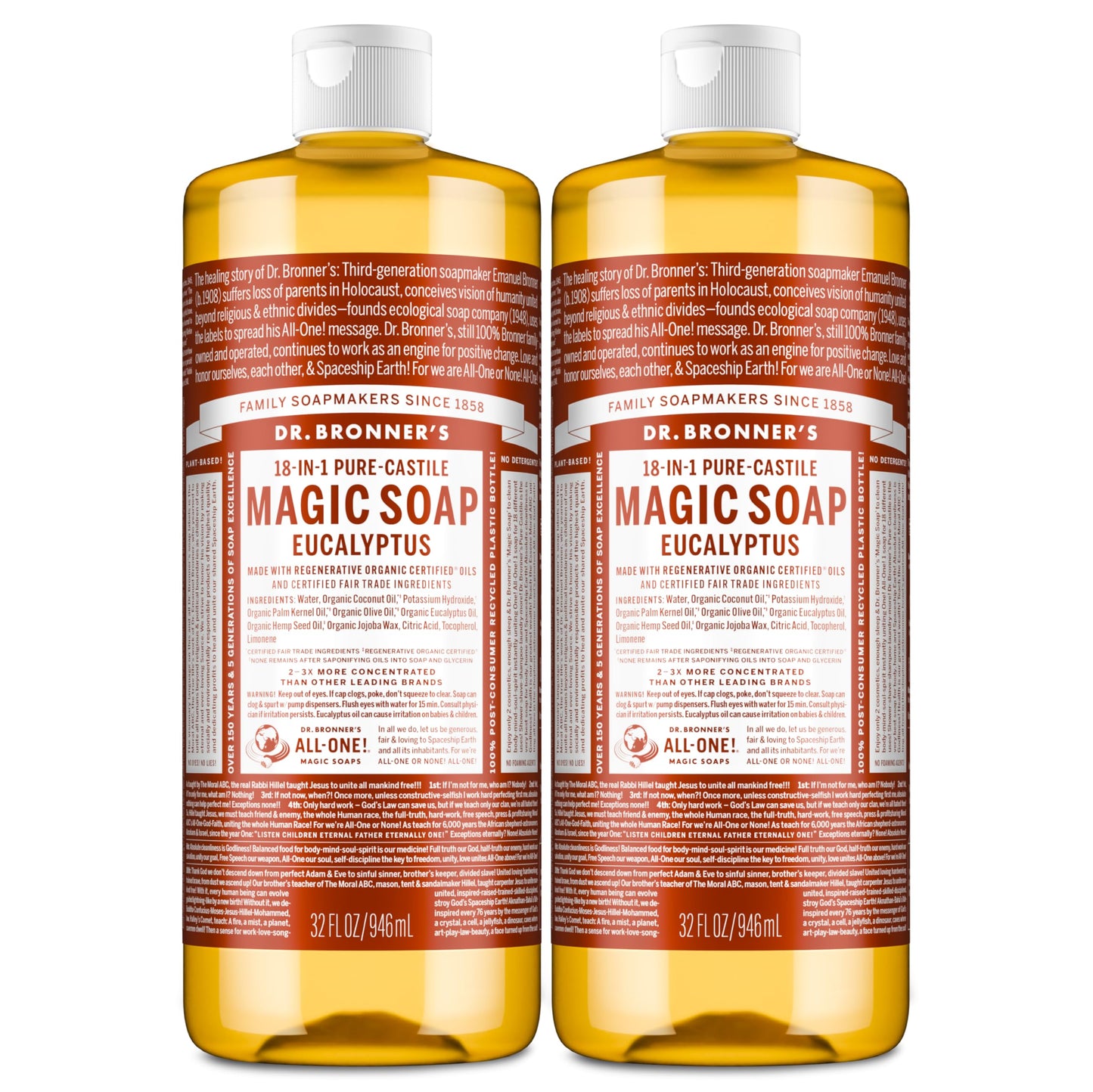 Dr. Bronner's Magic Soap - Pure-Castile Liquid Soap (Eucalyptus, 32 ounce, 2-Pack) -Regenerative Organic Certified Oils, 18-in-1 Uses: Body, Hair Beauty & Personal Care Dr. Bronner's