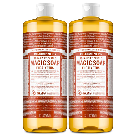 Dr. Bronner's Magic Soap - Pure-Castile Liquid Soap (Eucalyptus, 32 ounce, 2-Pack) -Regenerative Organic Certified Oils, 18-in-1 Uses: Body, Hair Beauty & Personal Care Dr. Bronner's