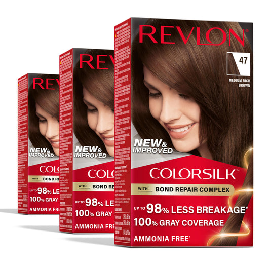 Revlon ColorSilk with Bond Repair Complex, Brown Permanent Hair Color, 100% Gray Coverage, Ammonia Free Hair Dye, Vegan Keratin, 47 Medium Rich Brown Beauty & Personal Care REVLON