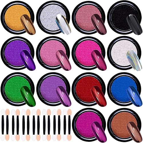 Duufin 14 Jars Chrome Nail Powder Metallic Nail Art Powder Mirror Effect Manicure Chrome Powder 14 Colors Nail Powders with 14 Pcs Eyeshadow Sticks Beauty & Personal Care Duufin
