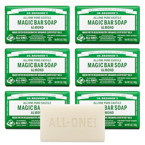 Dr. Bronner's - Pure-Castile Magic Bar Soap (Almond, 5 oz, 6-Pack) - Made with Regenerative Organic Certified Oils- For Face, Body & Hair, Gentle Beauty & Personal Care Dr. Bronner's