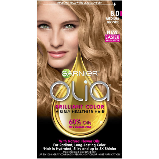 Garnier Olia Ammonia-Free Brilliant Color Oil-Rich Permanent Hair Color, 8.0 Medium Blonde (1 Kit) Blonde Hair Dye (Packaging May Vary) Beauty & Personal Care Garnier