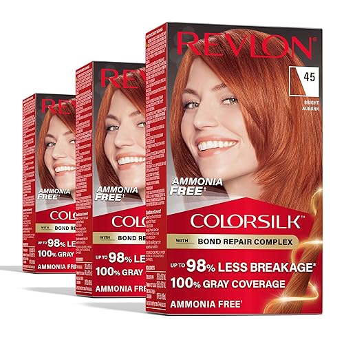 Revlon ColorSilk with Bond Repair Complex, Permanent Hair Color, 100% Gray Coverage, Ammonia Free Dye, Vegan Keratin, 45 Bright Auburn, 3 pack Beauty & Personal Care REVLON