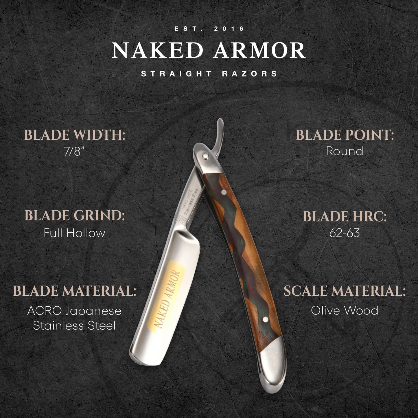 Naked Armor Meliant Straight Razor for Beginners - Shave Ready 7/8" Round Nose Japanese Stainless Steel Straight Edge Razor, Olive Wood Scale, Leather Beauty and Personal Care Naked Armor